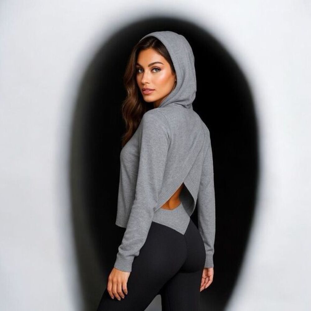 Y2K Fabletics Minimalist Hoodie Gray Sweater Women's M Open‎ Back Drape Hem Cozy